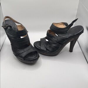 Frye Black Leather Platform Heel Sandal